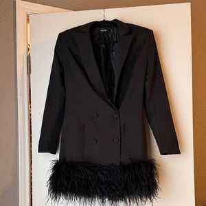 Nasty Gal Black Double-Breasted Blazer Dress with Feather Hem